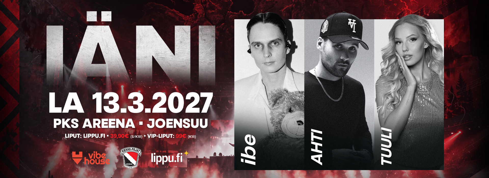 Kiekko-Pojat tuo eturivin artistit jäähallikonserttiin Joensuuhun – ibe, AHTI ja TUULI esiintyvät PKS Areenalla maaliskuussa 2027!